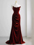 Wine Red Velvet Mermaid Straps Long Formal Dress, Wine Red Floor Off Shoulder Prom Dress